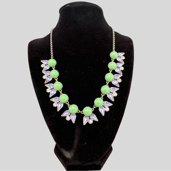 J Crew Statement Necklace, Faceted Teardrop & Round Rhinestones with Green Beads - Picture 1 of 17